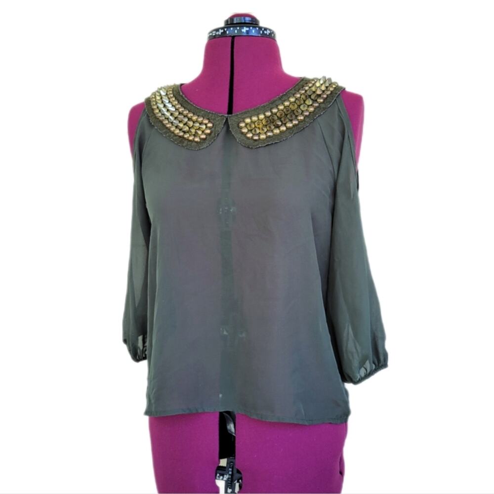 Vintage 90s Sheer Green Spiked Peter Pan Collar Cut out Top sz M